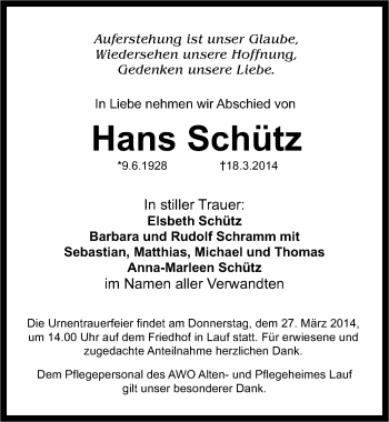 Traueranzeige von Hans Schütz von Pegnitz-Zeitung